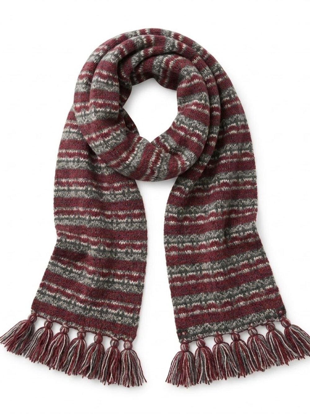 Quagga Chunky Knit Striped Scarf Tassel Fringe Burgundy Gray Winter Boho Warm